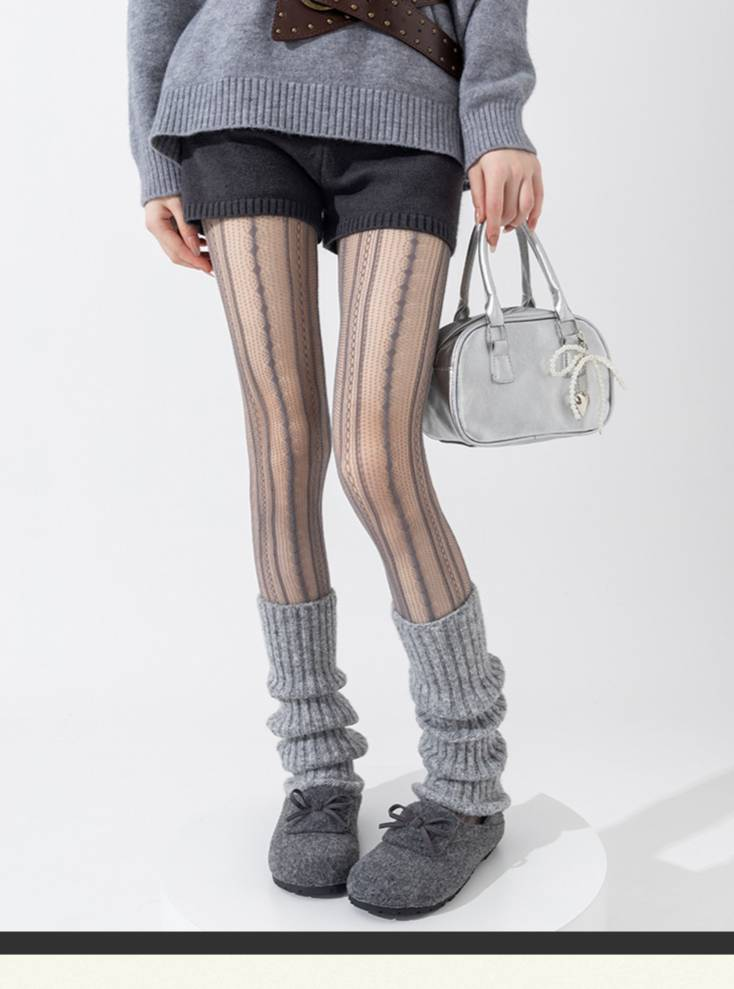 Scaldamuscoli Calzini in cotone e lana per donna Autunno e inverno Calzini spessi e caldi in pile Calzini a righe verticali giapponesi Maillard grigi a metà tubo_voghion.com
