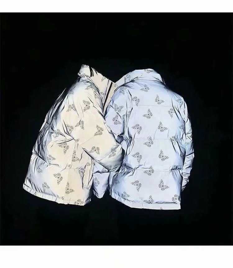 Veste parka rembourrée réfléchissante pour homme et femme, manteau d'hiver épais, coupe-vent, ample et chaud, avec papillon brillant_voghion.com
