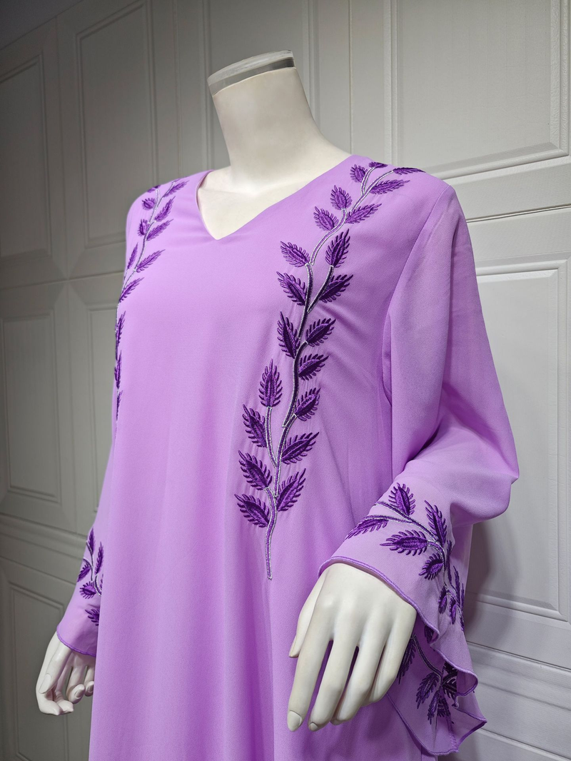 Damenmode Street Chiffon langes muslimisches besticktes rosafarbenes Rundhalskleid mit Hijab_voghion.com