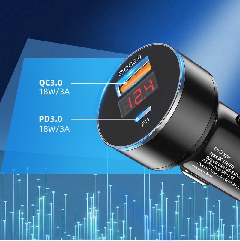 Music Festival 38W digitális kijelző QC3.0 egy USB töltés + PD kettős gyors mobiltelefon autós töltés univerzális kis autókhoz_voghion.com