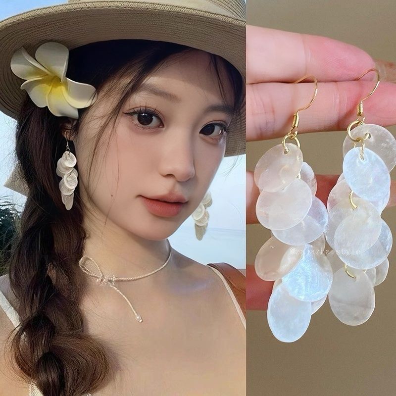 2025 New Women's Clip-On Drop Earrings - Long Tassel Shell Beach Style, Exaggerated Fairy-Like Vacation Accessories For Non-Pierced Ears_voghion.com