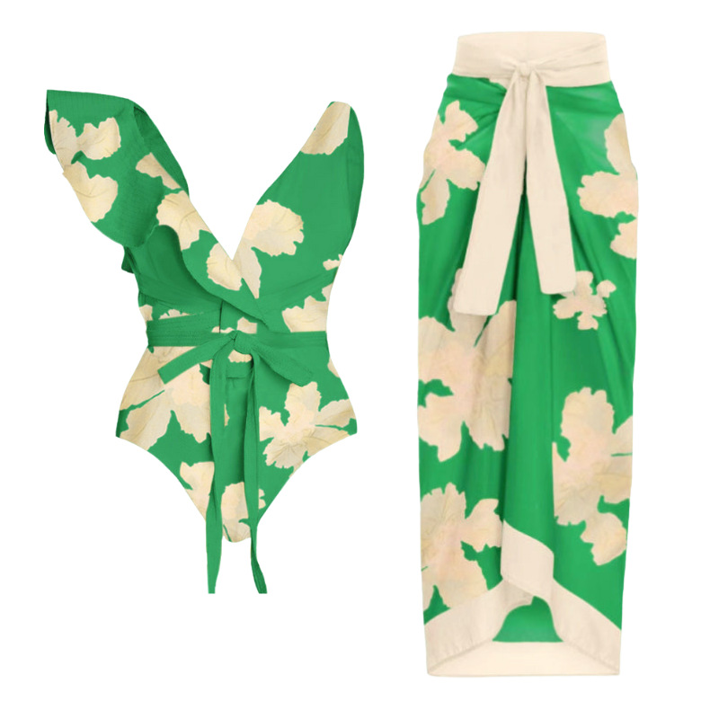 Women's stylish beach vacation one-piece swimsuit set_voghion.com