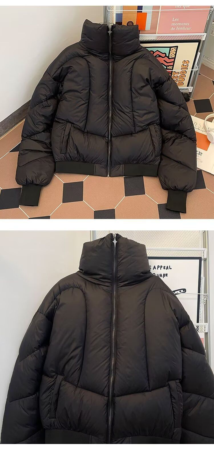 Kurzjacke für Herren, warm, Winter, hoher Kragen, Steppmantel, lockere Passform, modische Freizeitoberbekleidung, Schwarz_voghion.com