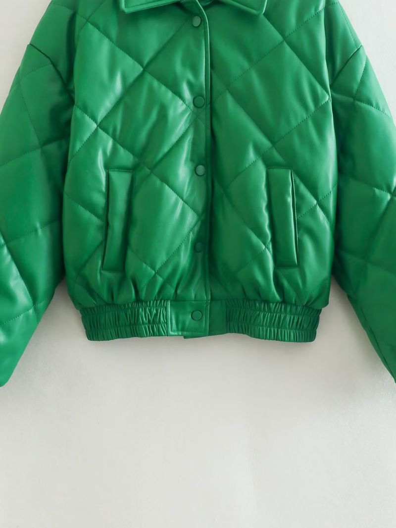 Dameskleding Herfst Nieuwe Aankomst Stijl Groene Pu Leren Katoenen Jas Korte Jas Jas Top_voghion.com