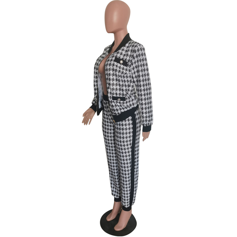 Traje casual de moda para mujer, abrigo con botones y pantalones con estampado de mil pájaros, conjunto de dos piezas_voghion.com