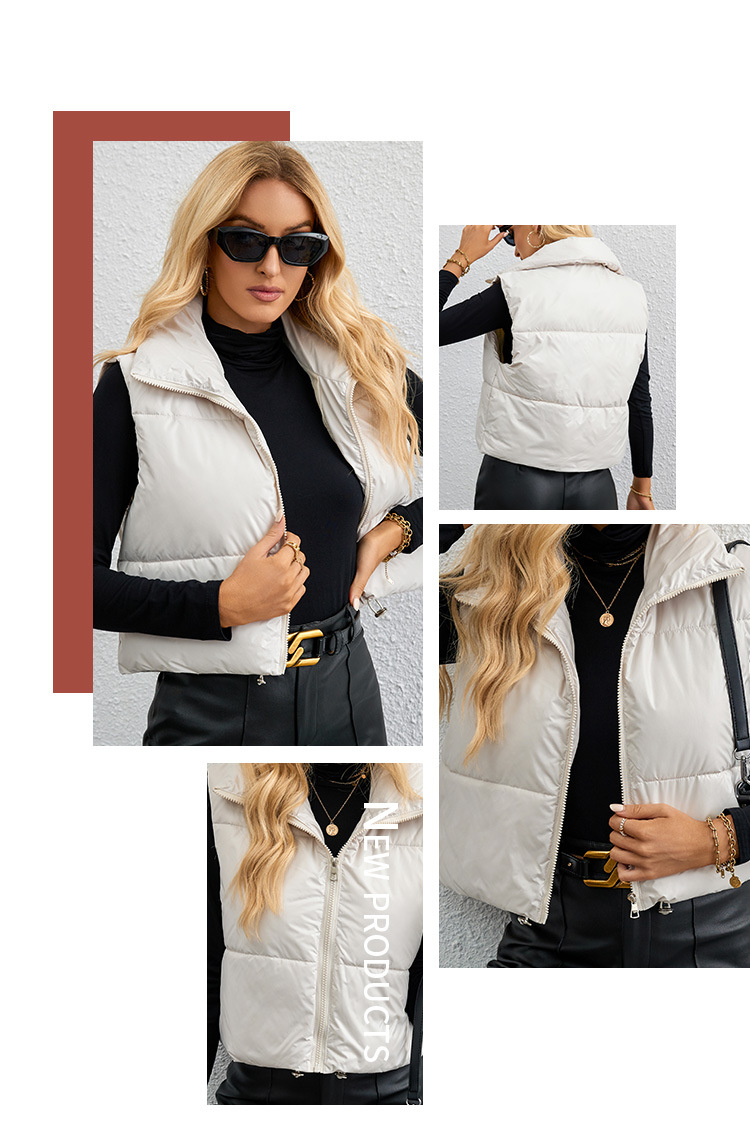 Damenmode kurze einfarbige warme Jacke Baumwollweste schlanke High Neck lose Baumwolljacke Weste_voghion.com