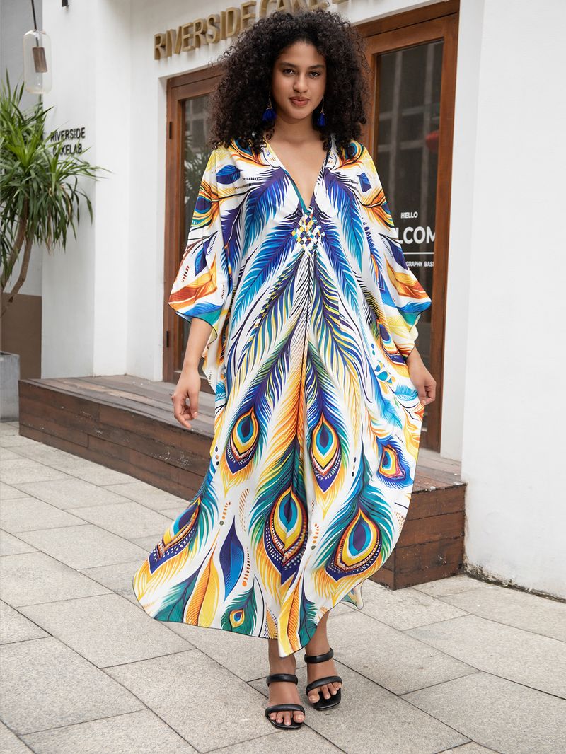 Beach Cover-Up Dress – Flowy Long Bikini Robe With Exotic Prints (Peacock/Abstract/Feather, One Size)_voghion.com