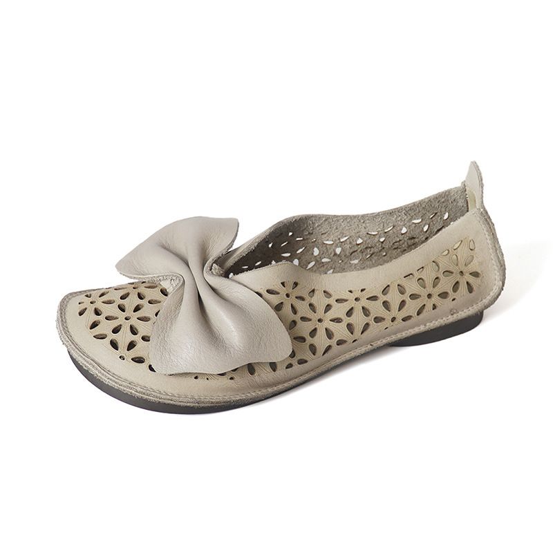 Huizu Mei New Genuine Leather Single With Bowknot Hollow Design Soft Sole Low Heel Flat Slip-On Mom Shoes_voghion.com