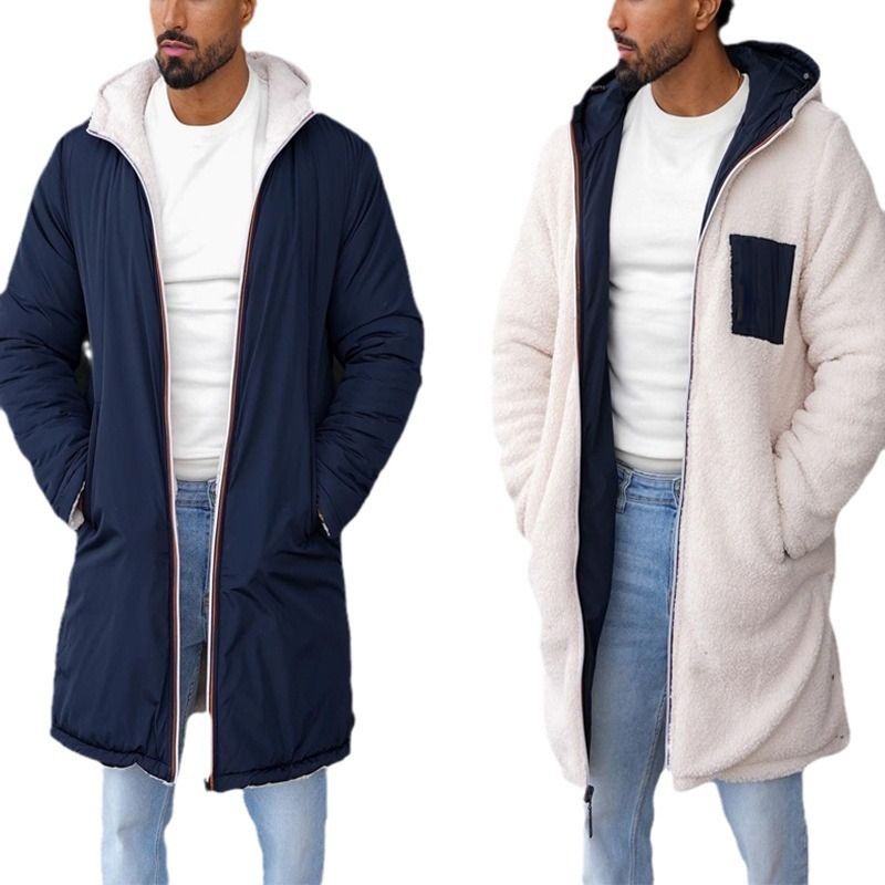Giacca con cappuccio e cerniera a doppia faccia per autunno e inverno, giacca a vento calda in tinta unita, giacca da uomo_voghion.com