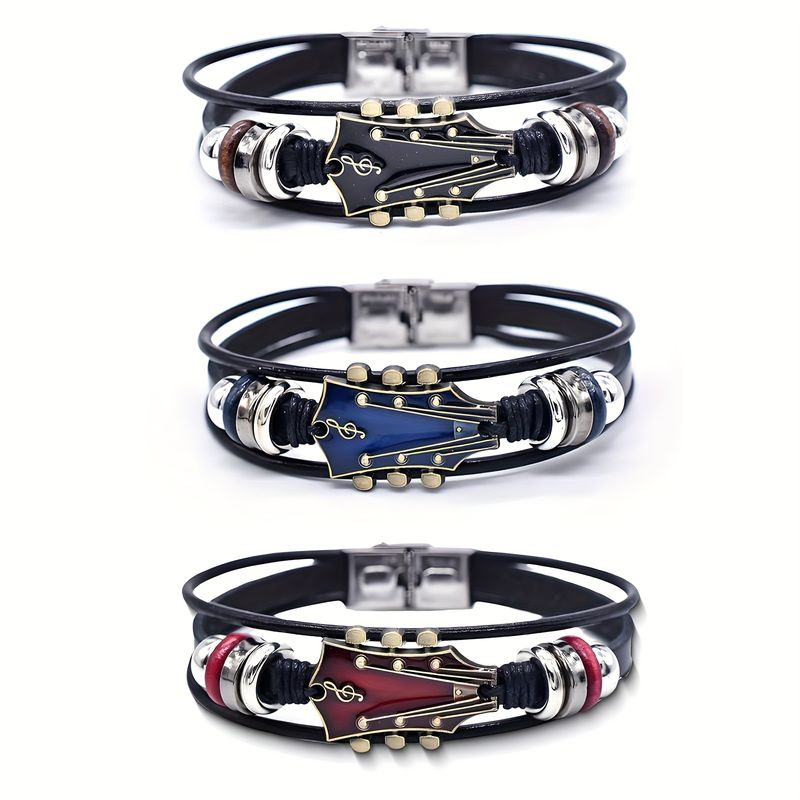 3 Set Retro Guitar Leather Bracelet For Man, Handmade Braided Zinc Alloy Rock Music Multi-Layer Wrap Bracelets Unique Punk Style Gifts Jewelry_voghion.com