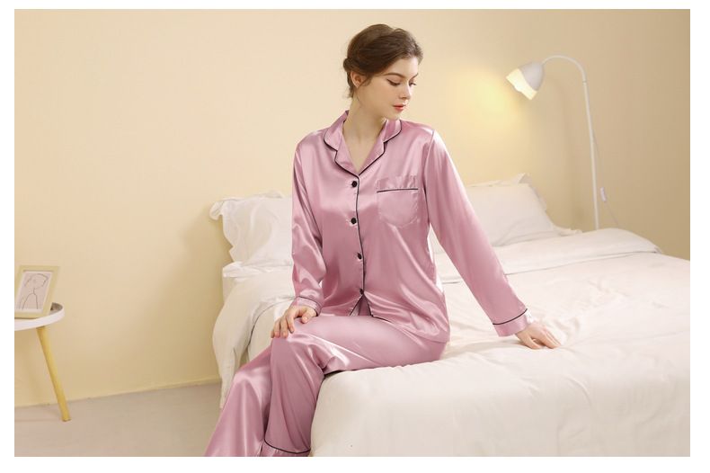Damen-Nachtwäsche, große Größe, Basic-Pyjama, Damen, Frühling und Sommer, langärmelige Hose, dünne Seide, Freizeit, Zuhause, zweiteiliges Set_voghion.com