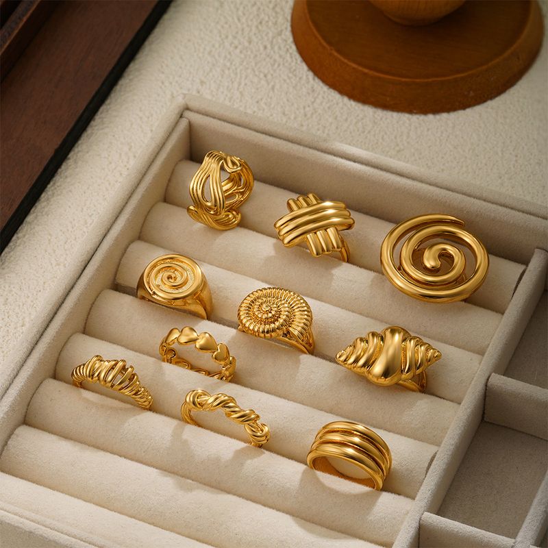 Damen-Schmuckset, modischer, offener Ring, Gold, unregelmäßige Form, Linien-Spiralring_voghion.com