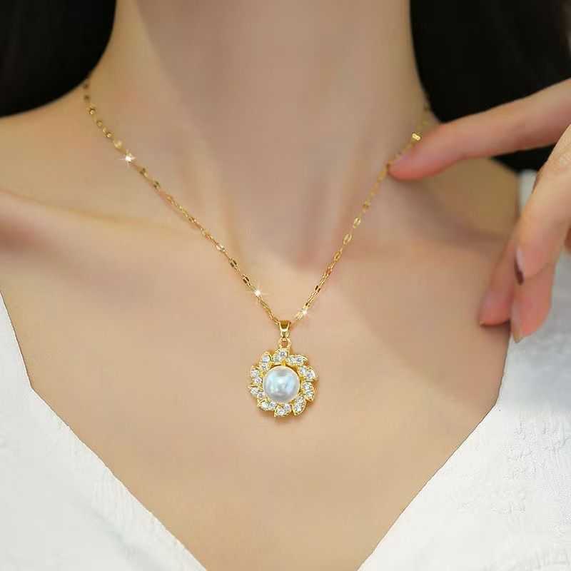 Jewelry Pearl Flower Necklace Fashion Trend Non-Fading Clavicle Chain Earrings Ring Three-Piece Set For Women_voghion.com