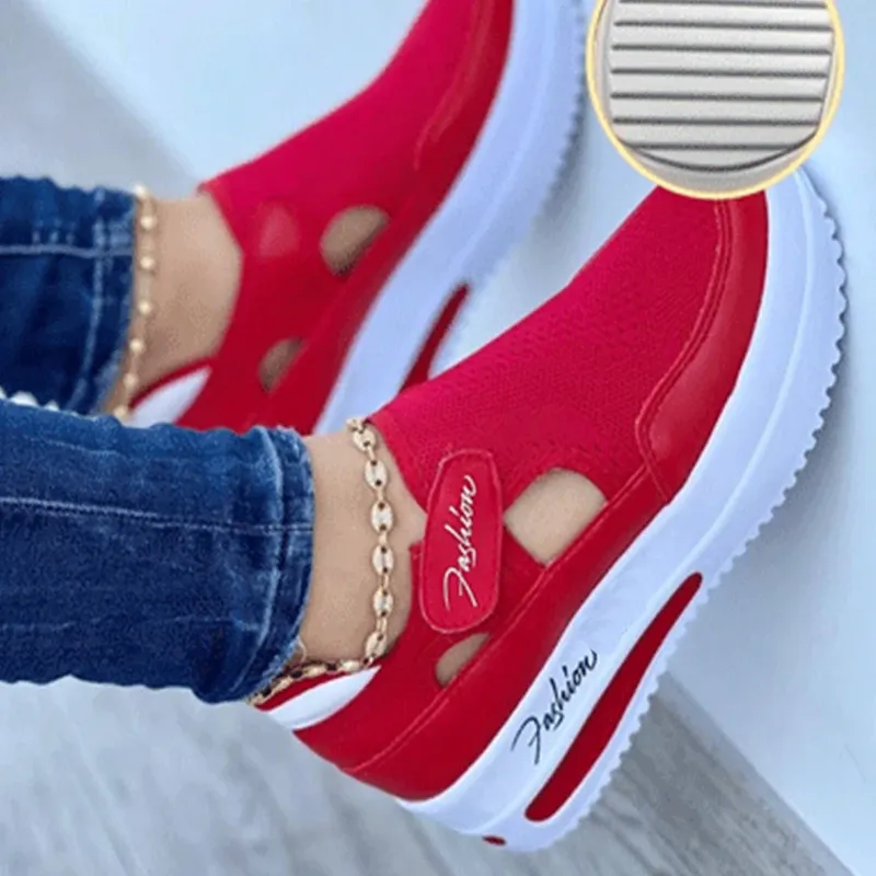 Scarpe da ginnastica rosse da donna Scarpe da tennis in tela Scarpe casual da donna con plateau sportivo Scarpe scavate_voghion.com