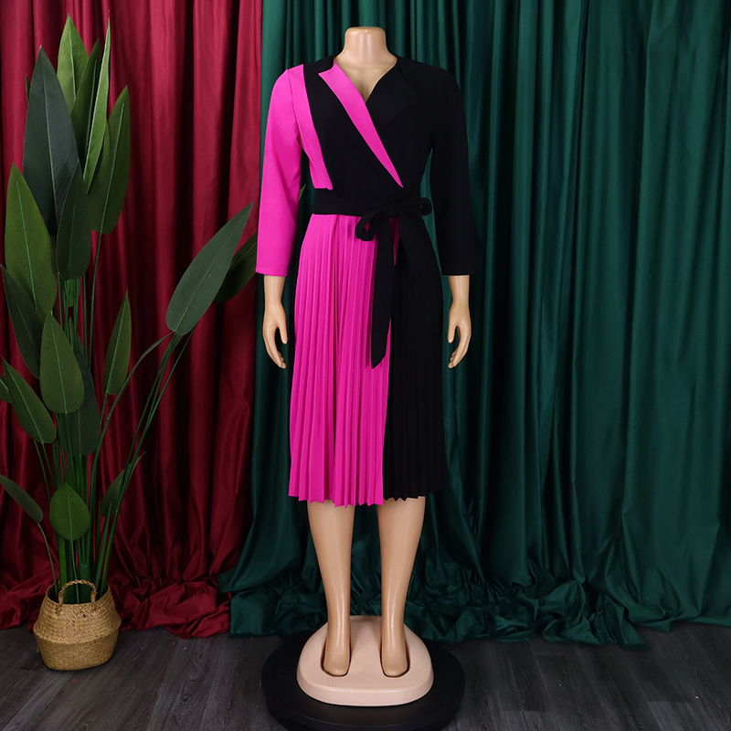 Women's fashion temperament color matching strap pleated skirt elegant_voghion.com