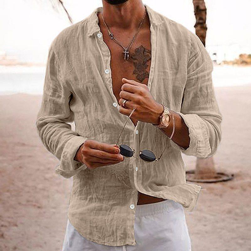 2023 New Men's Shirt Solid Color Loose Single-Breasted Turn-Down Collar Cotton Linen Long Sleeve Top_voghion.com