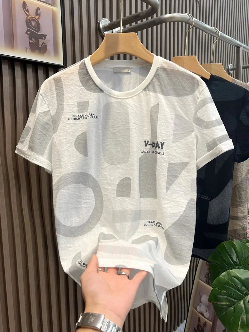 Men's Clothing Ice Silk Cotton And Linen Short Sleeved T Shirt Men's Summer New Round Neck Youth Personality Printing Slim Casual Half Sleeved Men_voghion.com