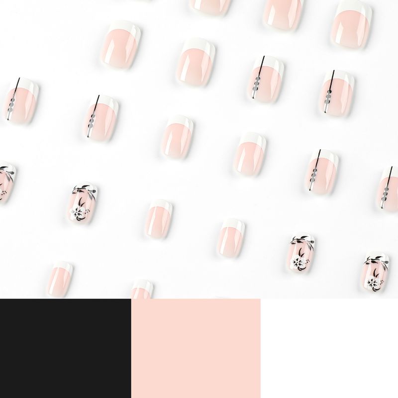 Weiße französische Blume Schwarzes Blatt Kurze tragbare Nagelplatte Aufdrücken des Nagels_voghion.com