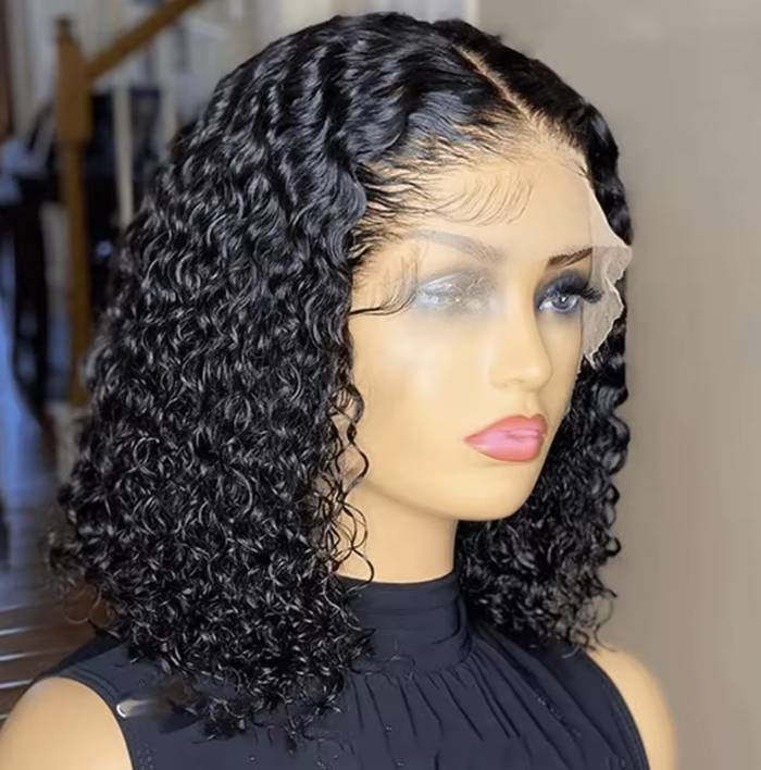 Peluca de cabello humano rizado corto y rizado para mujer, pelo humano con corte Bob, prearrancado, cierre Frontal de malla, ondulado profundo, sin pegamento, pelo humano con corte Bob_voghion.com