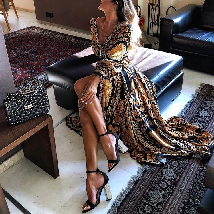 Damen Boho Maxikleid V-Ausschnitt Locker Bedrucktes Langes Kleid Cocktail Partykleid Strandurlaub Lässiges Sommerkleid_voghion.com