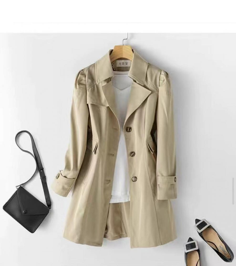 Elegant Mid-Length Trench Coat For Women – Slim Fit, Single-Breasted, Lightweight Cotton, 3D Pattern, Classic Notch Lapel_voghion.com