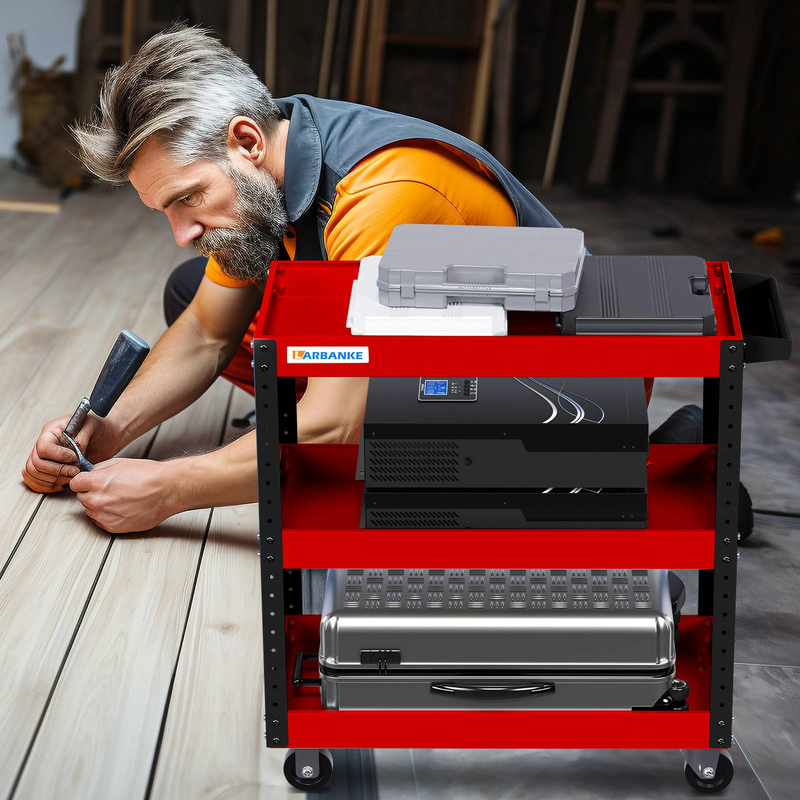 3 Tier Rolling Tool Cart,500LBS Load Capacity Industrial Utility Cart,3 Height-Adjustable Shelves Metal Tool Storage Cart For Garage_voghion.com