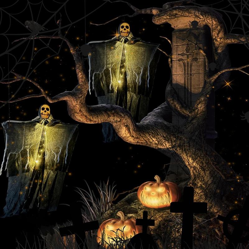 Glowing Skeleton Heads Hanging From The Outdoor Courtyard, Creating A Haunted Atmosphere With Ghostly Decorations For The Halloween Scene_voghion.com