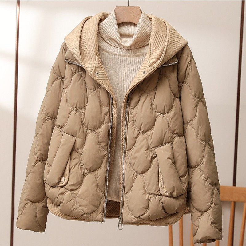 Women's Short Puffer Jacket With Knit Panel Design, Premium White Duck Down Hooded Coat For Winter (Beige, Khaki, Black)_voghion.com