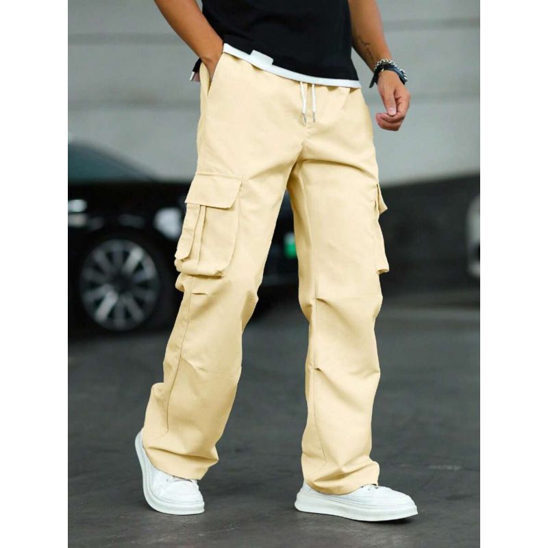 Men's Clothing Men's Streetwear Cargo Pants - White Woven Fabric With Zipper Detail, Retro Loose-Fit Cropped Pants (11 Colors, S-XL)_voghion.com