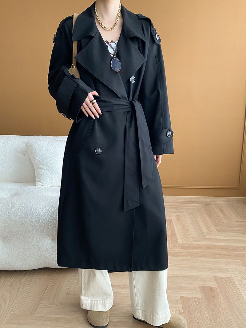 Trench lungo doppiopetto minimalista di lusso da donna, antipiega, per autunno inverno_voghion.com
