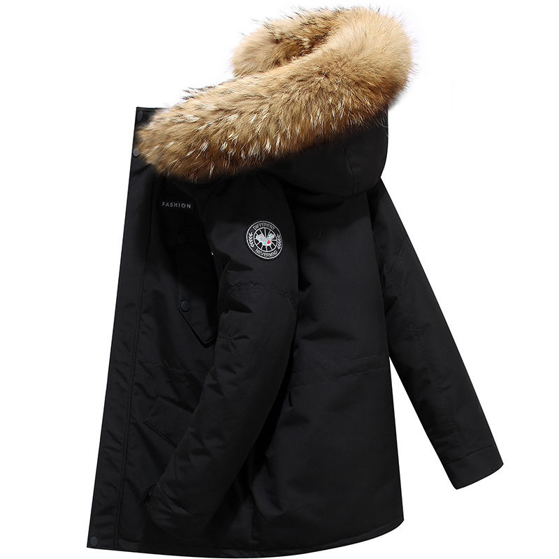 Roupas masculinas Novo casaco grande de ganso Jaqueta de comprimento médio Grande gola de pele Com capuz Grosso Quente Casaco de casal_voghion.com