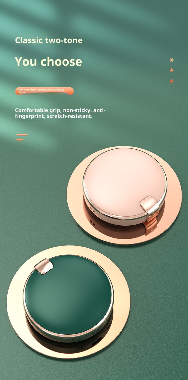 Set regalo 3 in 1 in stile vintage: specchio per il trucco a LED, power bank da 6000 mAh e scaldamani regolabile con ricarica USB - illuminazione bifacciale_voghion.com