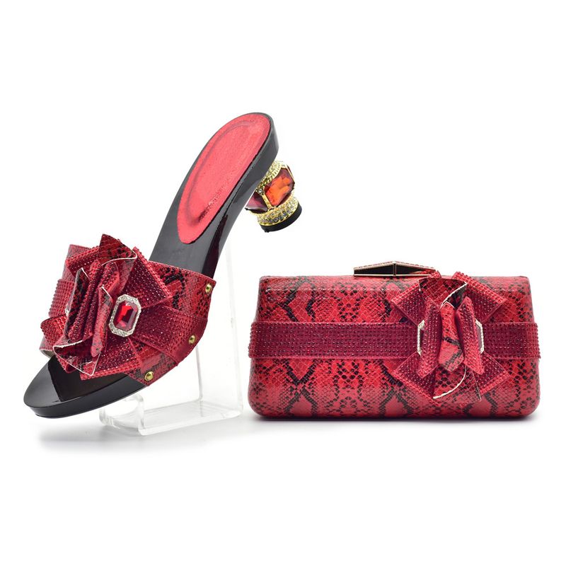 Scarpe con tacco alto da donna con decorazione a fiocco, pantofole con diamanti caldi, set di borse con motivo a serpente_voghion.com