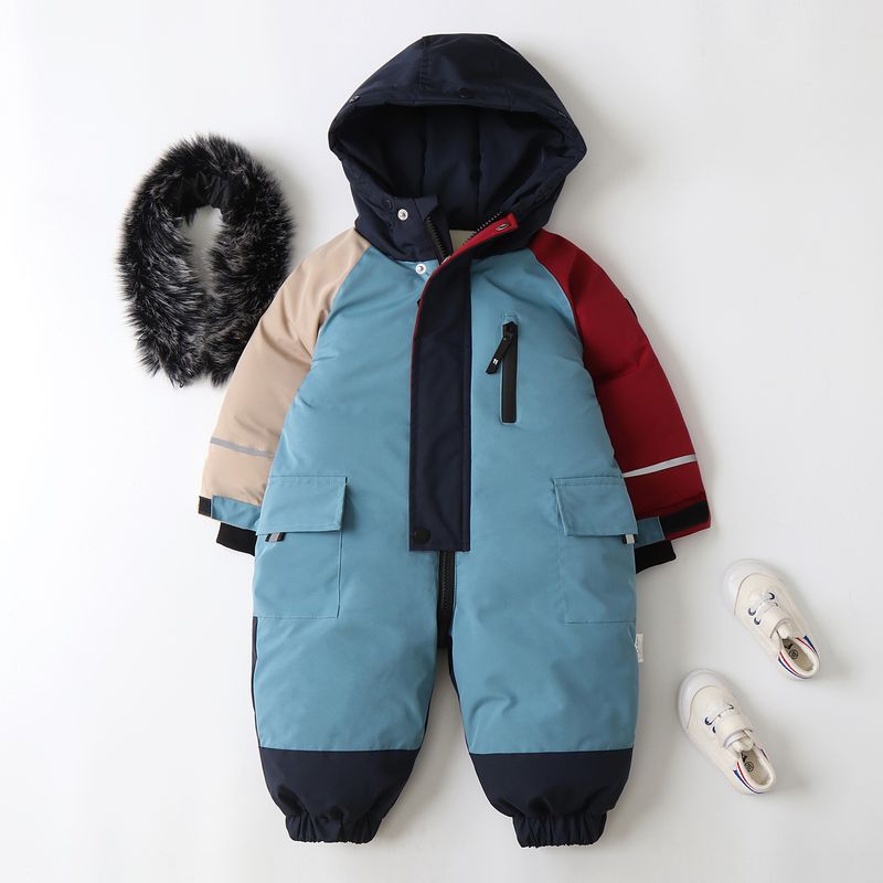 Boys' Color-Block Snowsuit – Thickened Winter Romper With Full-Zip (90-120cm) – Windproof Ski Jumpsuit For Toddlers_voghion.com