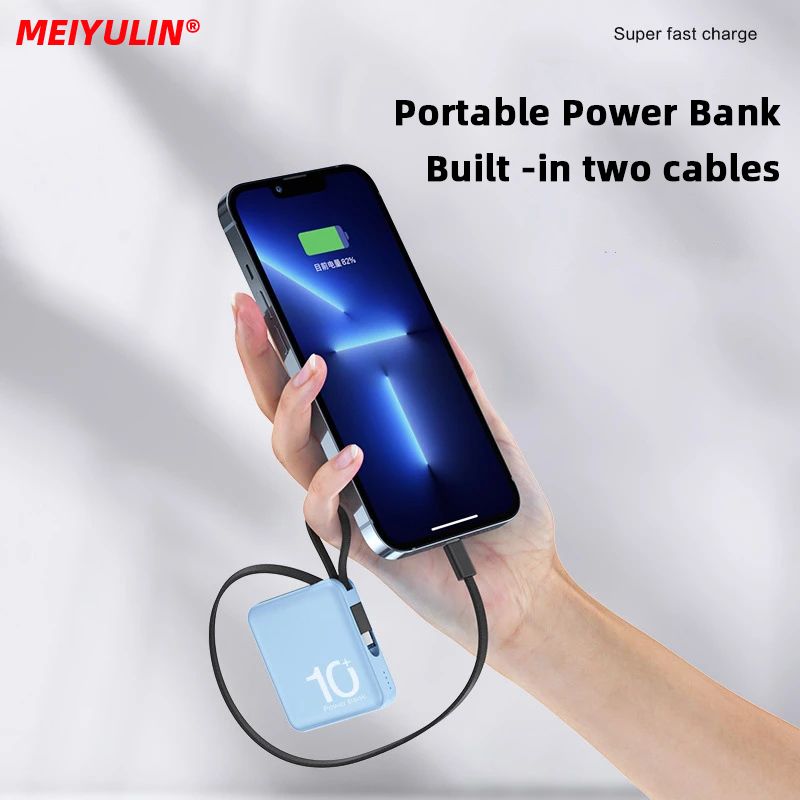 10000 Power Bank Large Capacity External Battery Built-in Type-C Cable 5000 MAh Portable Lanyard Powerbank For IPhone_voghion.com