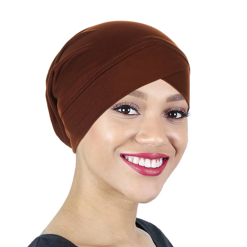 Women's Hats new style multi-color solid color cross headscarf hat women's bottom hat Muslim headscarf hat_voghion.com