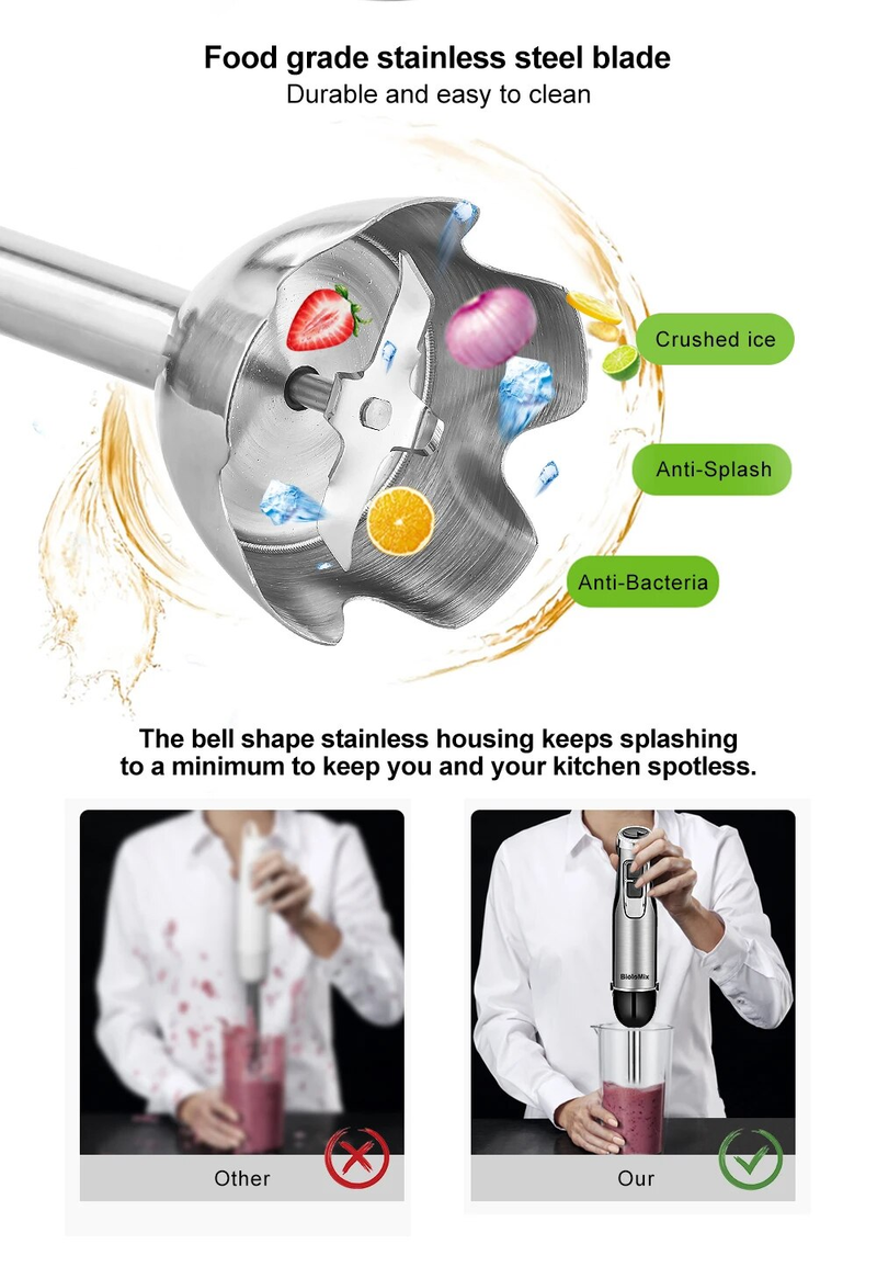 Biolomix 4-i-1 kraftfull stavmixer med immersionssystem innehåller hackare och smoothiekopp med isblad i rostfritt stål Ny populär_voghion.com
