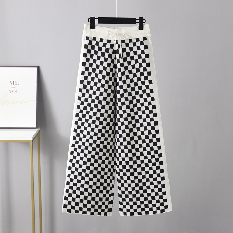 autumn and winter new lace-up knitted pants plaid pants casual all-match wide-leg pants drape trousers women_voghion.com
