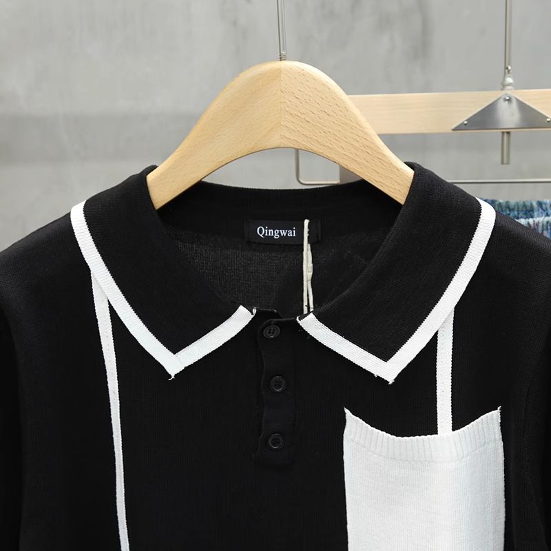 Herrenbekleidung Leichtes, luxuriöses, farblich passendes, hochklassiges Retro-Poloshirt mit kurzen Ärmeln und Tasche für den Sommer, dünnes, schmales, gestreiftes T-Shirt mit halblangen Ärmeln_voghion.com