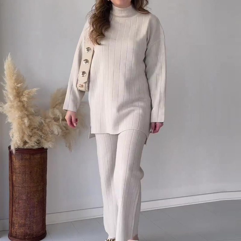Women's Clothing fashion solid color round neck mid-length casual loose sweater suit_voghion.com
