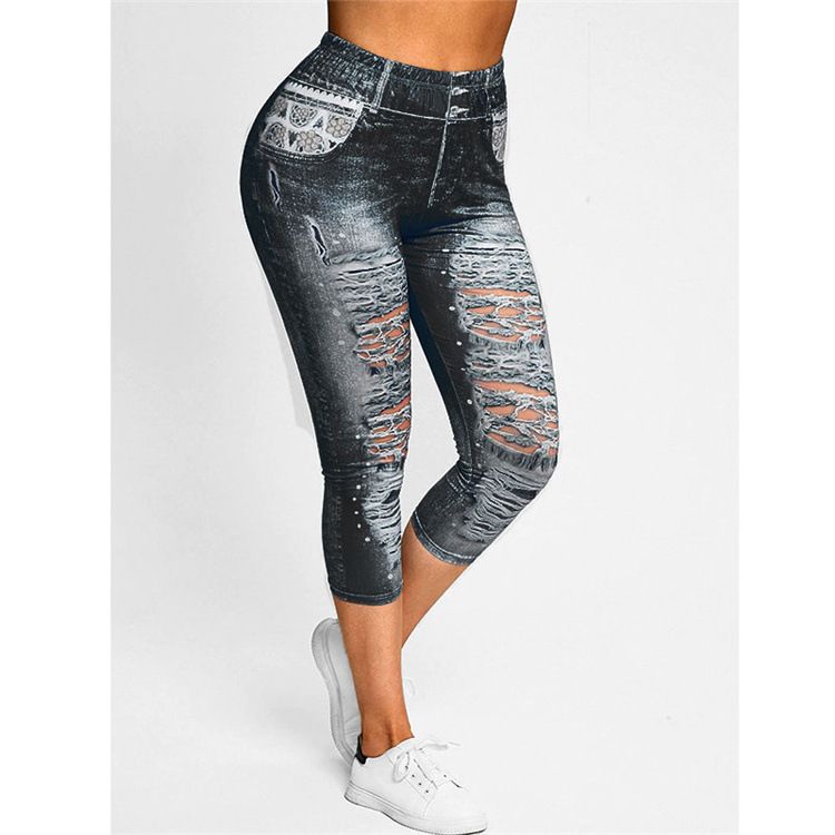 New Imitation Denim High Waist High Elastic Fitness Training Running Yoga Pants_voghion.com