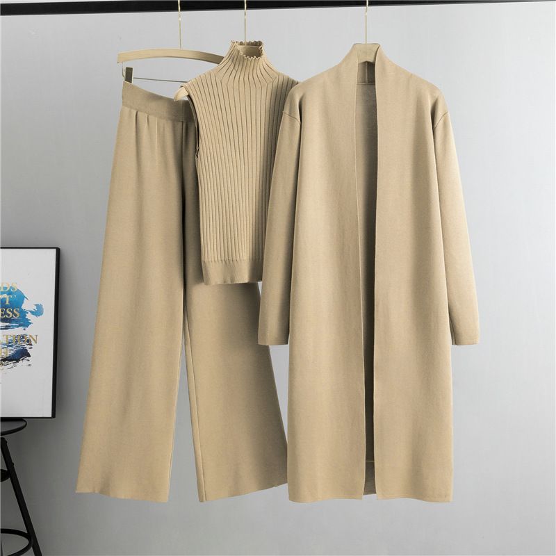 Autunno Inverno Nuovo Stile Lazy Maglia Senza Maniche Maglione Cardigan Pantaloni Set Tre Pezzi_voghion.com