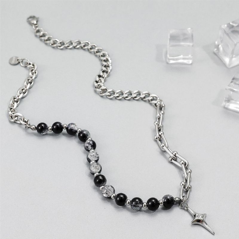 Ice Crack Beads Titanium Staal Vierpuntige Ster Dubbele Laag Stapelarmband Koude Stijl Persoonlijkheid Accessoires Trendy Hip Hop Hand Sieraden_voghion.com
