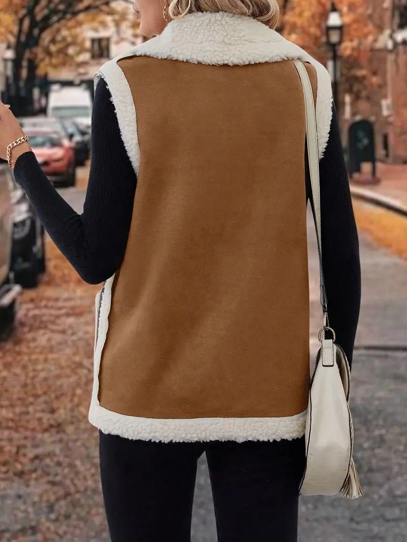Vêtements pour femmes : gilet polaire d'hiver sans manches, veste surdimensionnée doublée de daim avec poches, pièce décontractée à superposer (noir/kaki foncé)_voghion.com