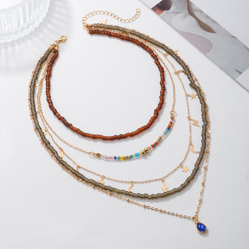 New Bohemian style pearl multi-layer colorful rice collarbone chain color blocked bead stacking necklace_voghion.com