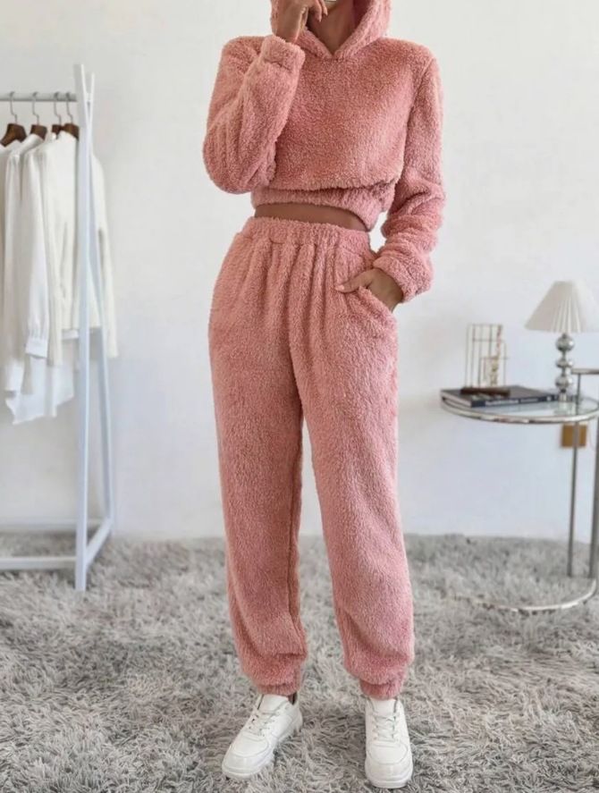Gezellige fleece loungeset met hoge taille, lange mouwen en capuchon - Winternachtkleding en thuisoutfit (roze/donkergrijs, S/M/L)_voghion.com