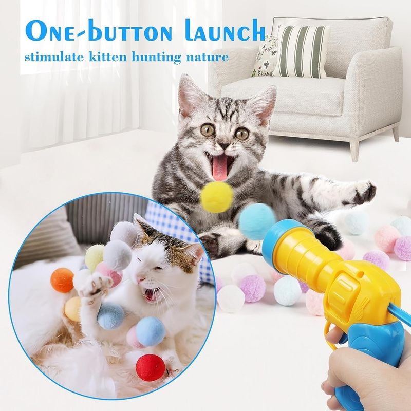 Jouet pour chat avec boules à pompon colorées et lanceur de balles, balles en peluche pour l'entraînement et le jeu des chatons, jouet pour chats domestiques_voghion.com