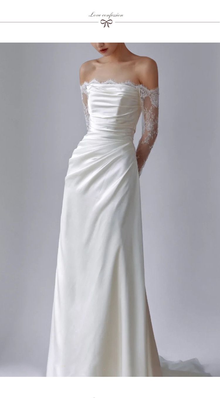 Women's Clothing One Shoulder Light Wedding Dress With Temperament And Trailing Forest Style Travel Photography Simple Long Sleeved Dress_voghion.com