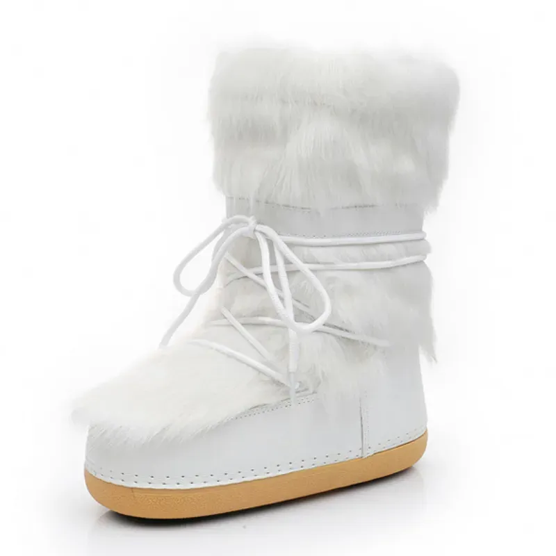 Schuhe von besserer Qualität 2024 Neue Winterpelz-Schnee-Frauen-Ski-flauschige haarige Schnürung mit mittlerer Wadenplattform flach mit weißen Baumwollstiefeln_voghion.com