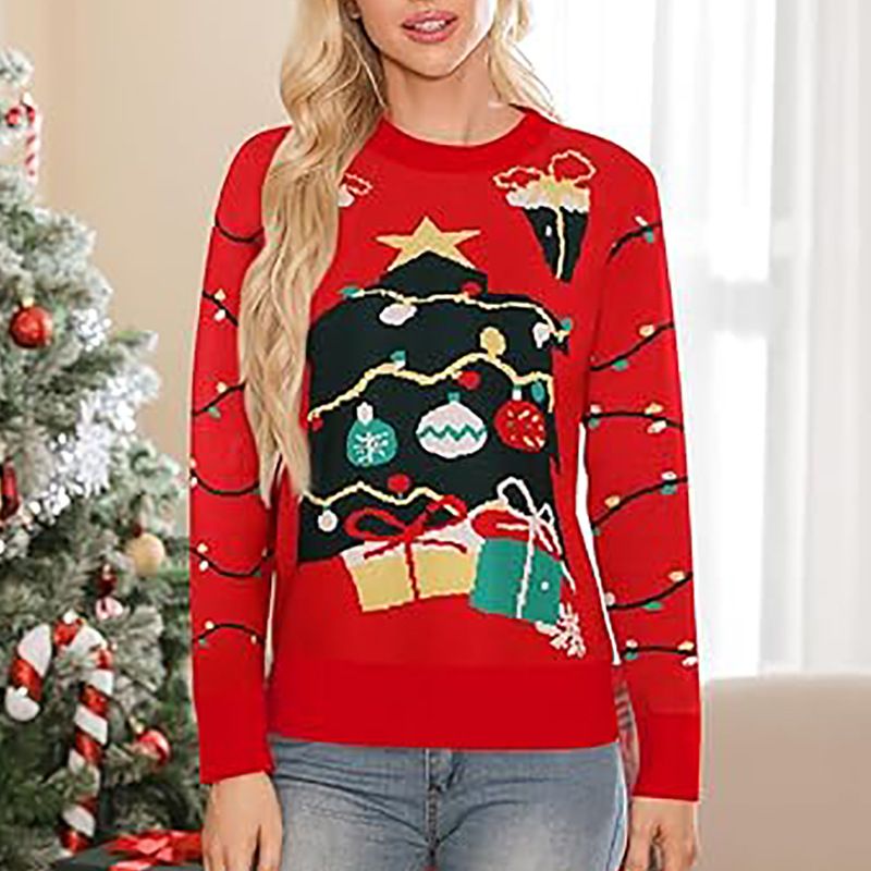 Kuscheliger Weihnachtsbaum-Jacquard-Pullover für Damen, Herren und Kinder – Locker sitzender, passender Paar-Pullover, Urlaubs-Strickmode_voghion.com